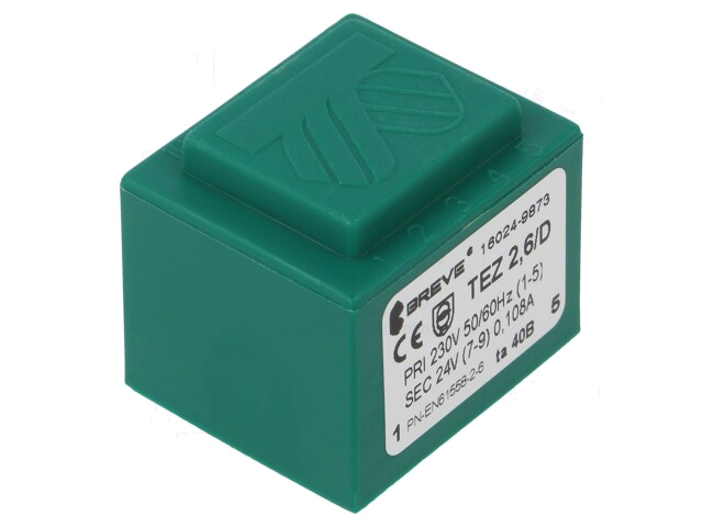 Transformator: ingegoten; 2,6VA; 230VAC; 24V; 108mA; PCB; IP00; TEZ Transformator: ingegoten; 2,6VA; 230VAC; 24V; 108mA; PCB; IP00; TEZ